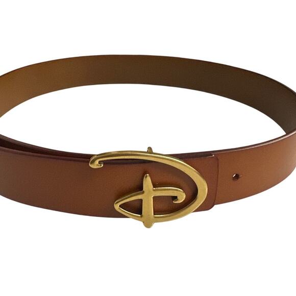 Disney Signature “D” Logo Belt Brown Faux Leather Gold Buckle - Picture 1 of 6